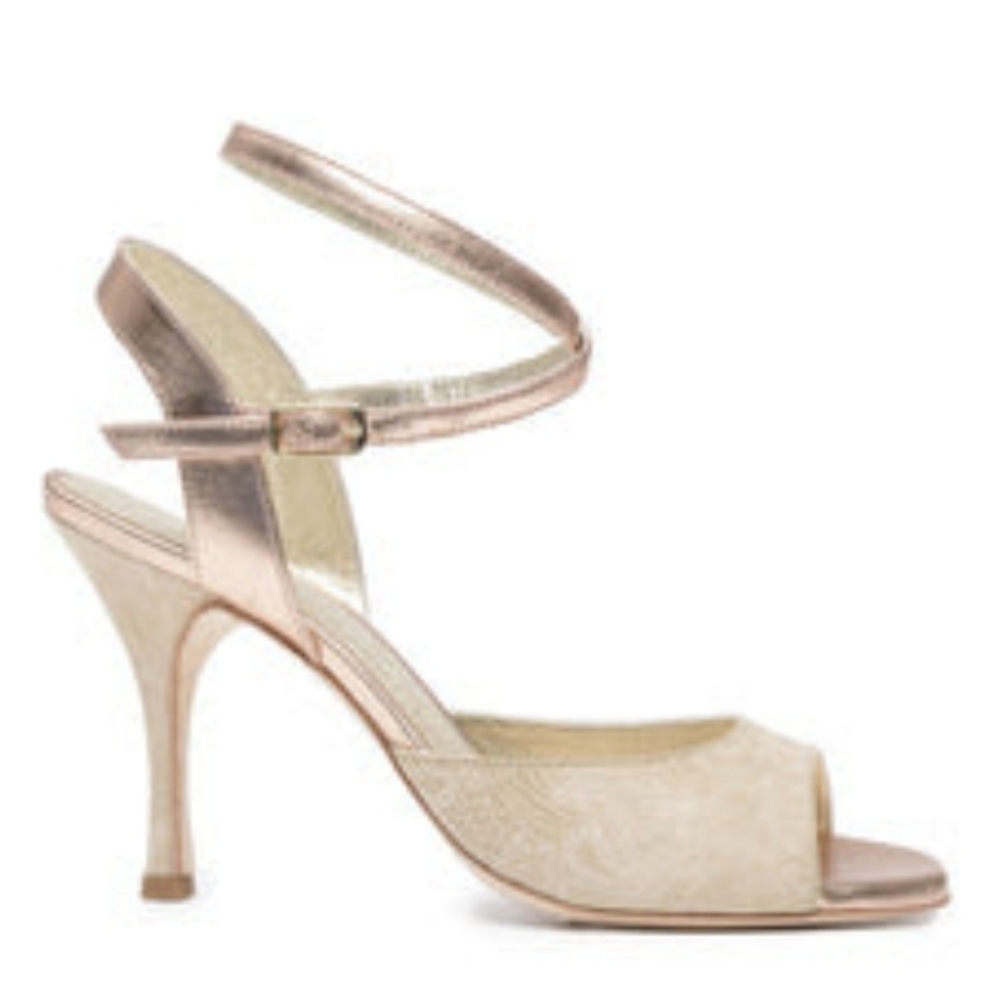 Tangolera / Bandolera Argentine Tango Shoes Women Size 38, 9cm heel, Nude + Gold